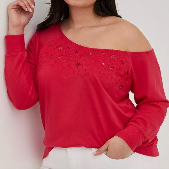 TORRID 2 Plus Size Off Shoulder Lt Weight French Terry Embroidered Sweatshirt - Picture 1 of 14